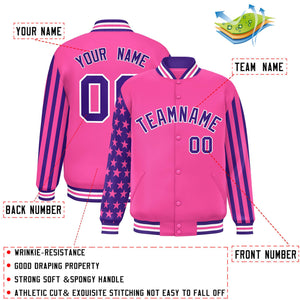 Custom Pink Purple American Flag Varsity Full-Snap Authentic Raglan Sleeves Letterman Bomber Jacket