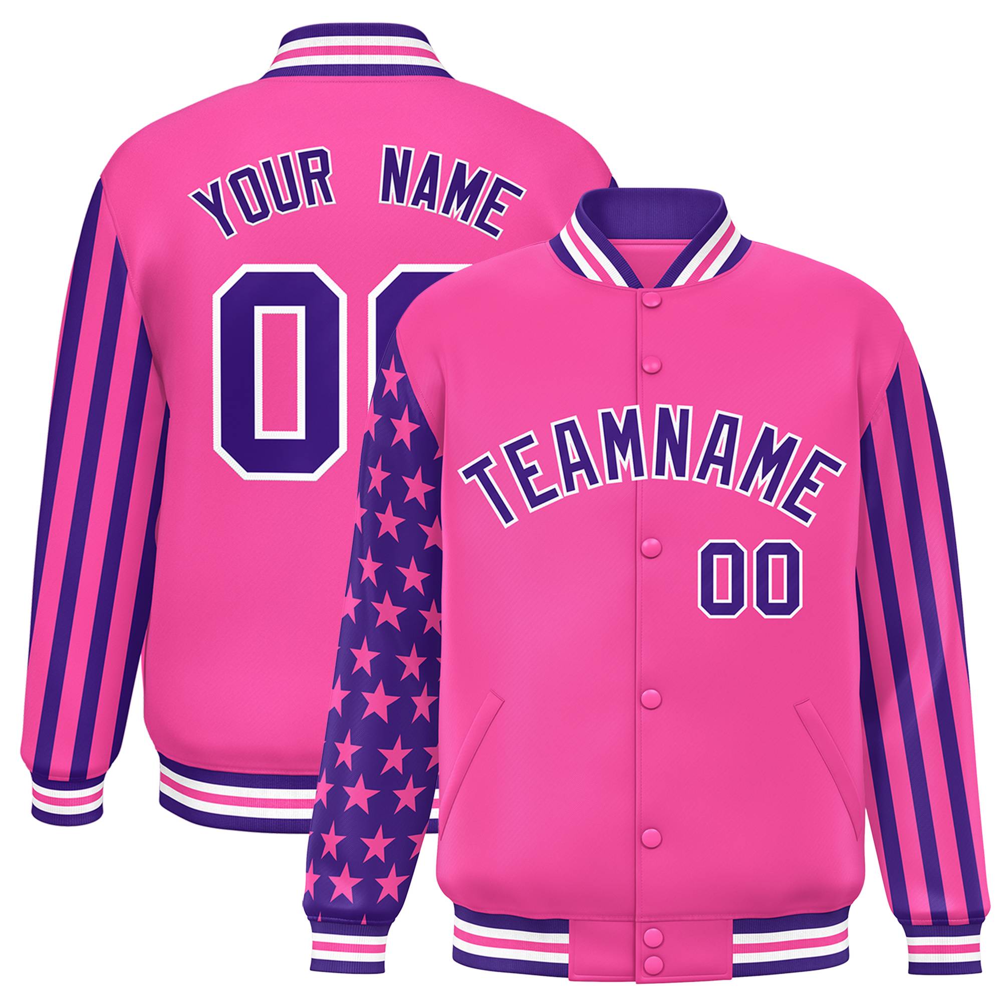 Custom Pink Purple American Flag Varsity Full-Snap Authentic Raglan Sleeves Letterman Bomber Jacket