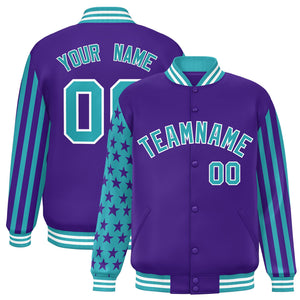 Custom Purple Aqua American Flag Varsity Full-Snap Authentic Raglan Sleeves Letterman Bomber Jacket