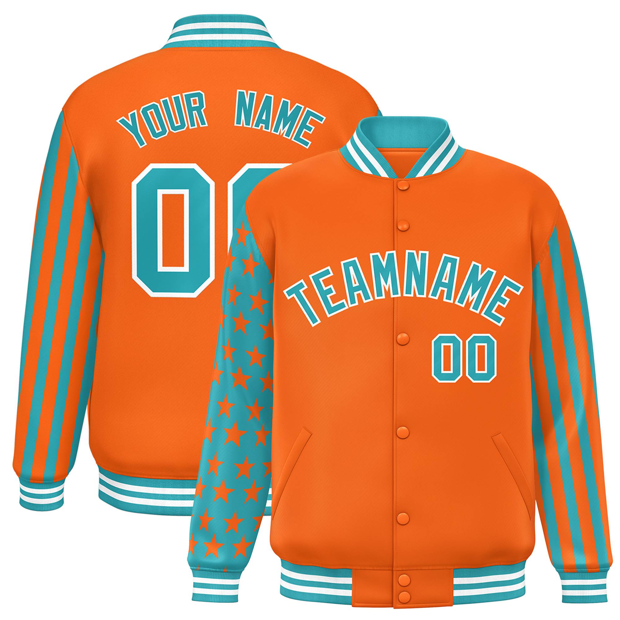 Custom Orange Aqua American Flag Varsity Full-Snap Authentic Raglan Sleeves Letterman Bomber Jacket