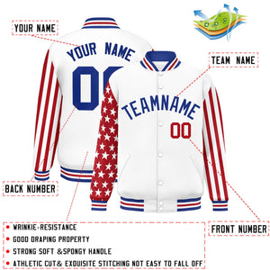 Custom White Red American Flag Varsity Full-Snap Authentic Raglan Sleeves Letterman Bomber Jacket