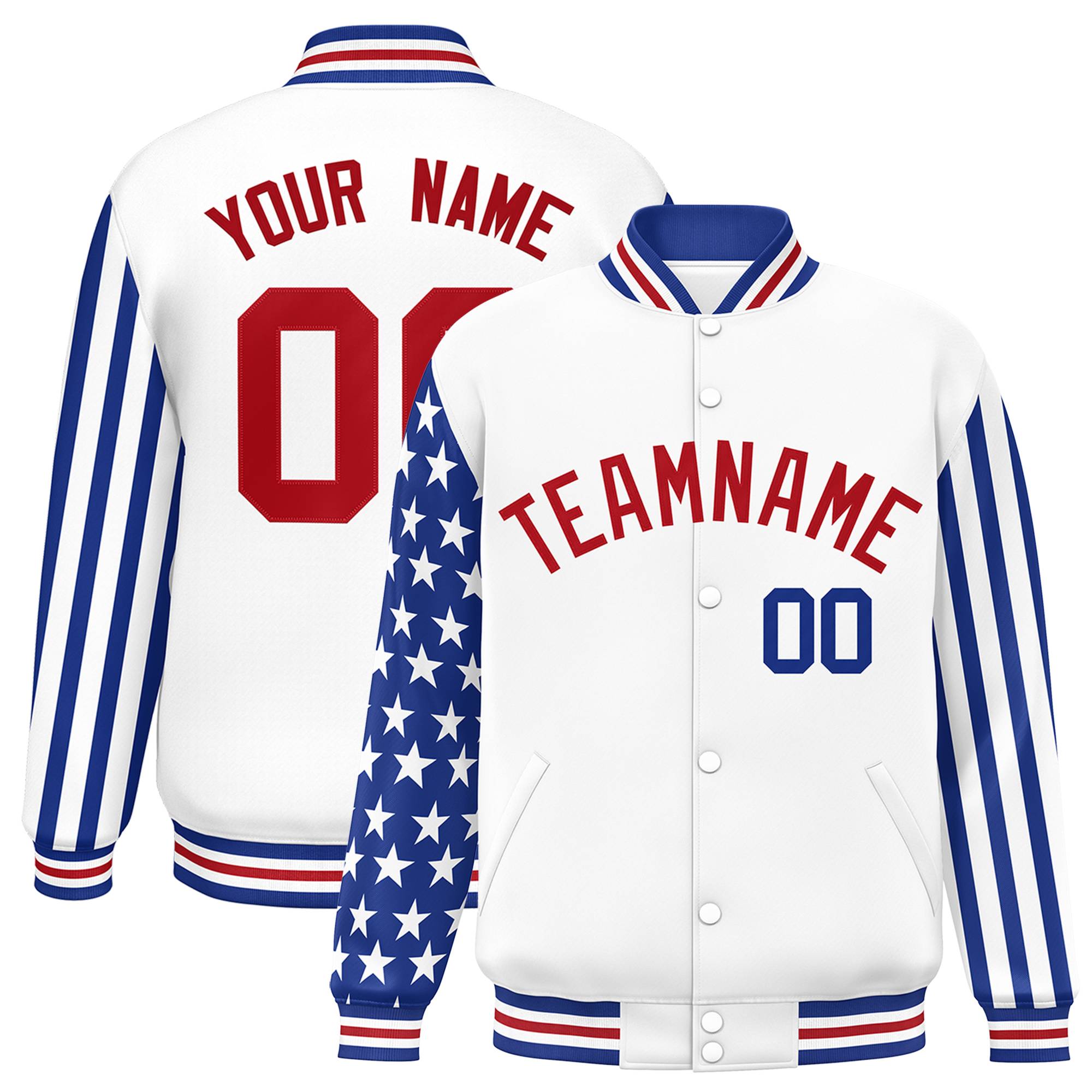 Custom White Royal American Flag Varsity Full-Snap Authentic Raglan Sleeves Letterman Bomber Jacket