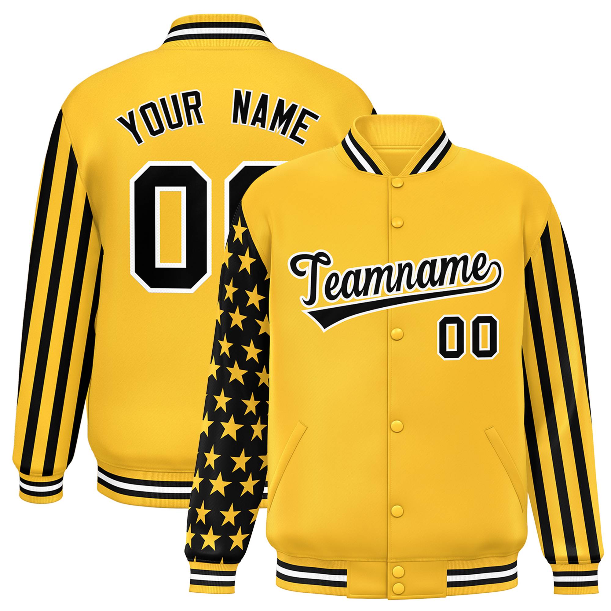 Custom Gold American Flag Varsity Full-Snap Authentic Raglan Sleeves Letterman Bomber Jacket