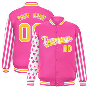 Custom Pink American Flag Varsity Full-Snap Authentic Raglan Sleeves Letterman Bomber Jacket