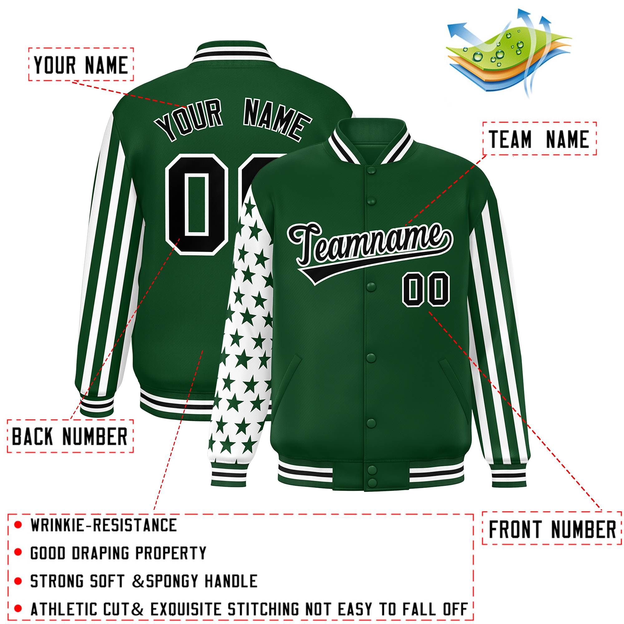 Custom Green American Flag Varsity Full-Snap Authentic Raglan Sleeves Letterman Bomber Jacket