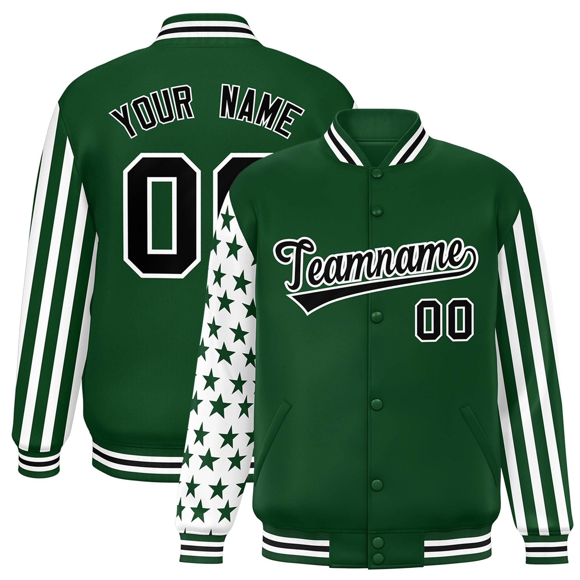 Custom Green American Flag Varsity Full-Snap Authentic Raglan Sleeves Letterman Bomber Jacket