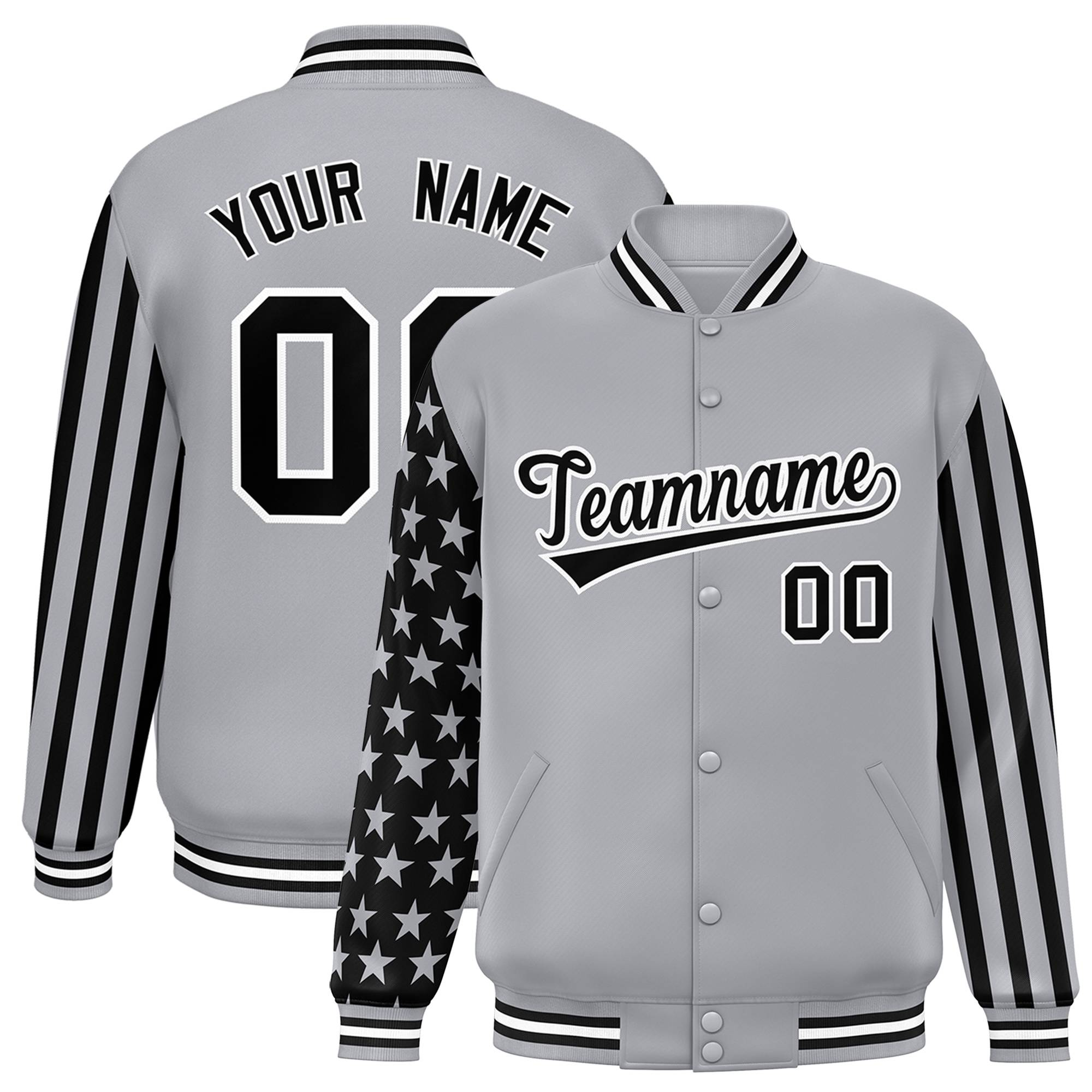 Custom Gray American Flag Varsity Full-Snap Authentic Raglan Sleeves Letterman Bomber Jacket