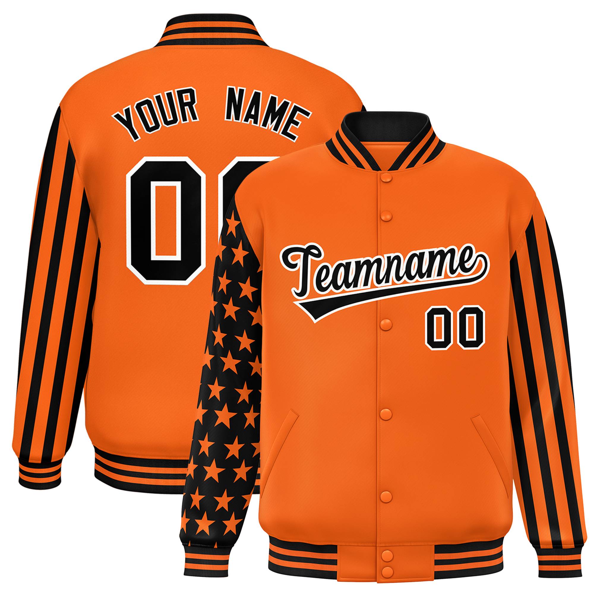 Custom Orange American Flag Varsity Full-Snap Authentic Raglan Sleeves Letterman Bomber Jacket