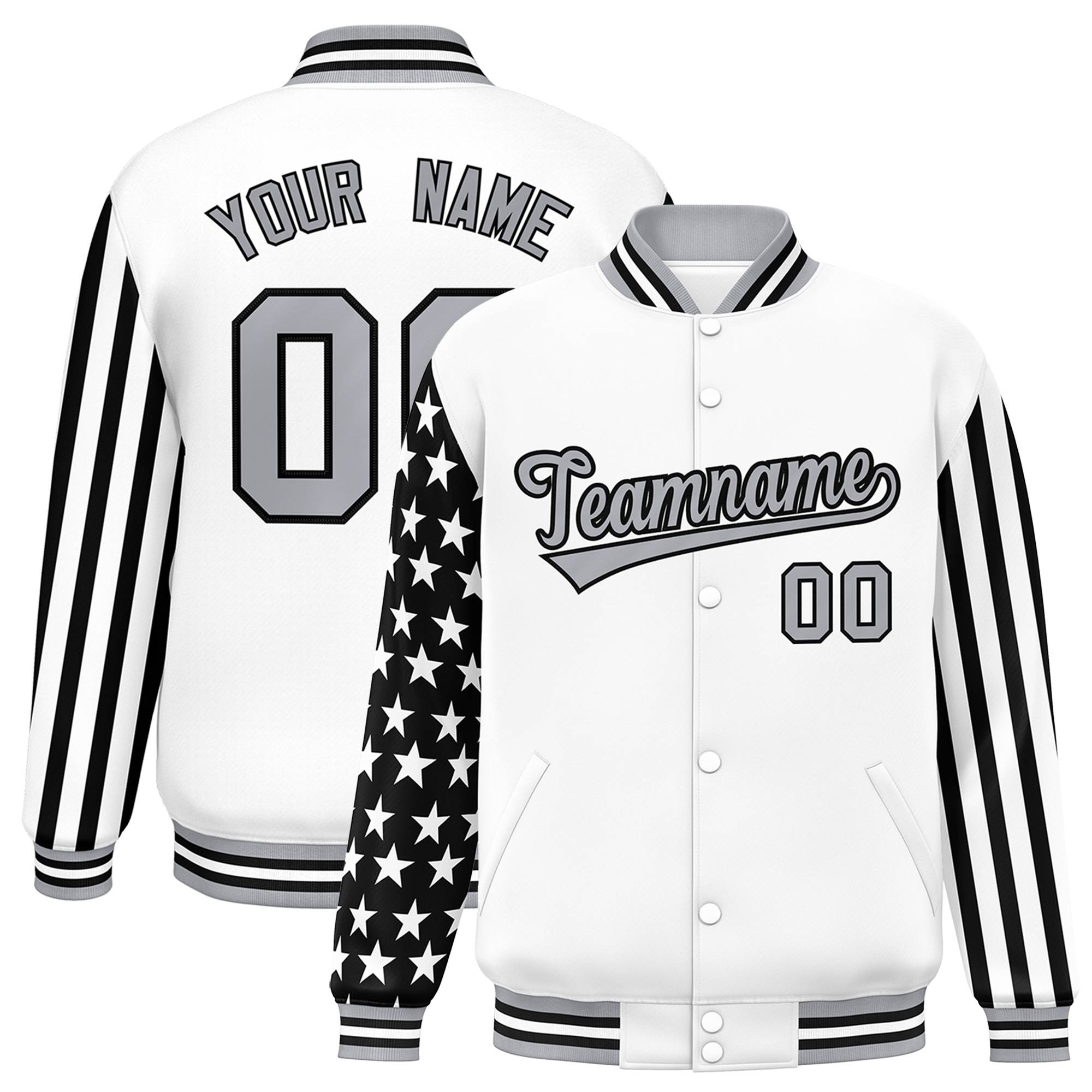 Custom White American Flag Varsity Full-Snap Authentic Raglan Sleeves Letterman Bomber Jacket