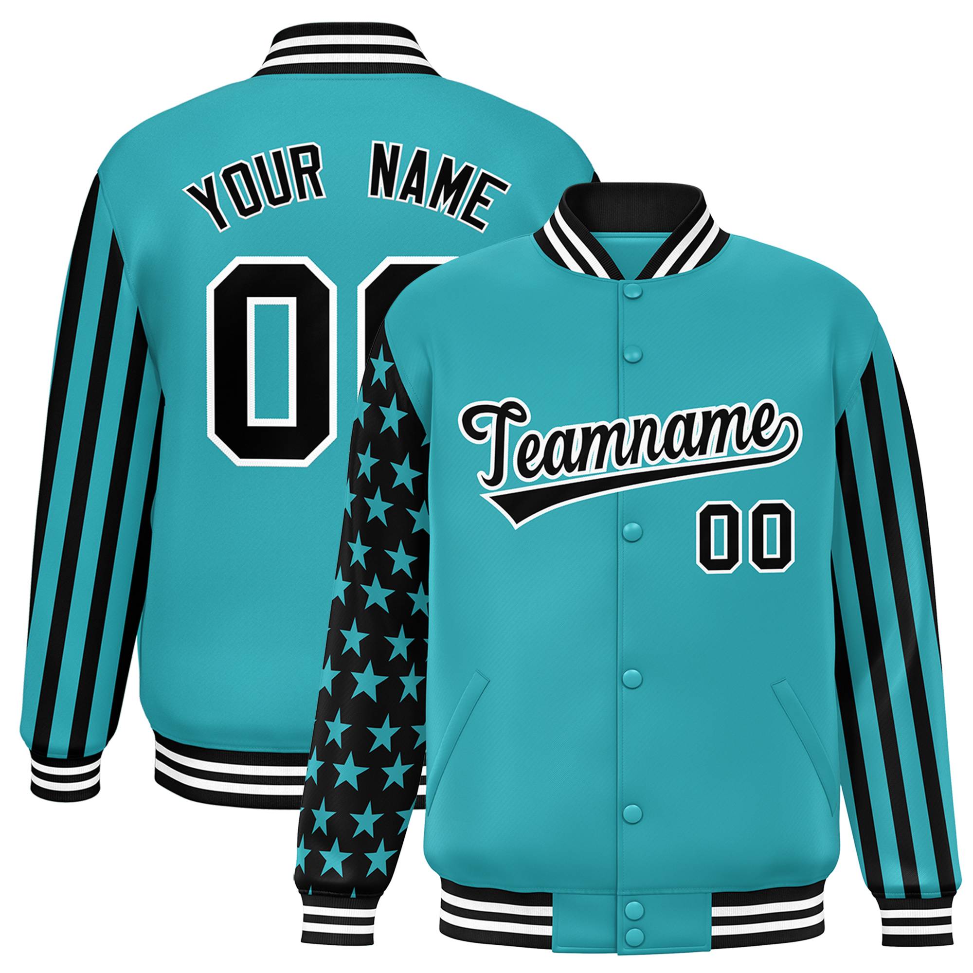 Custom Aqua American Flag Varsity Full-Snap Authentic Raglan Sleeves Letterman Bomber Jacket