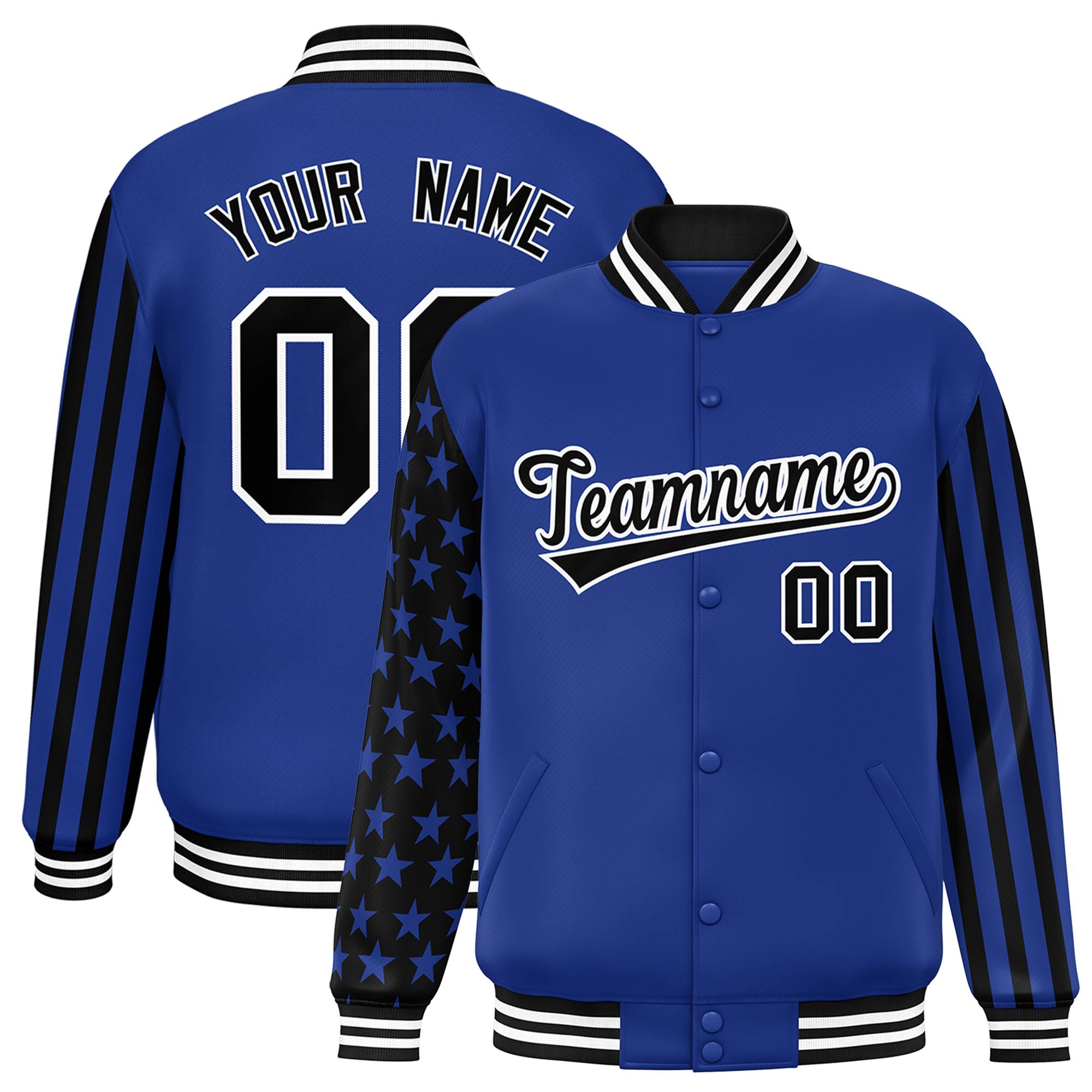 Custom Royal American Flag Varsity Full-Snap Authentic Raglan Sleeves Letterman Bomber Jacket