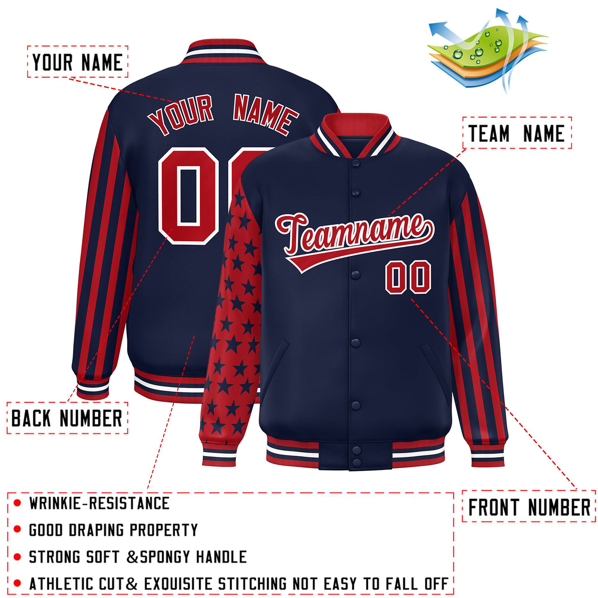 Custom Navy American Flag Varsity Full-Snap Authentic Raglan Sleeves Letterman Bomber Jacket