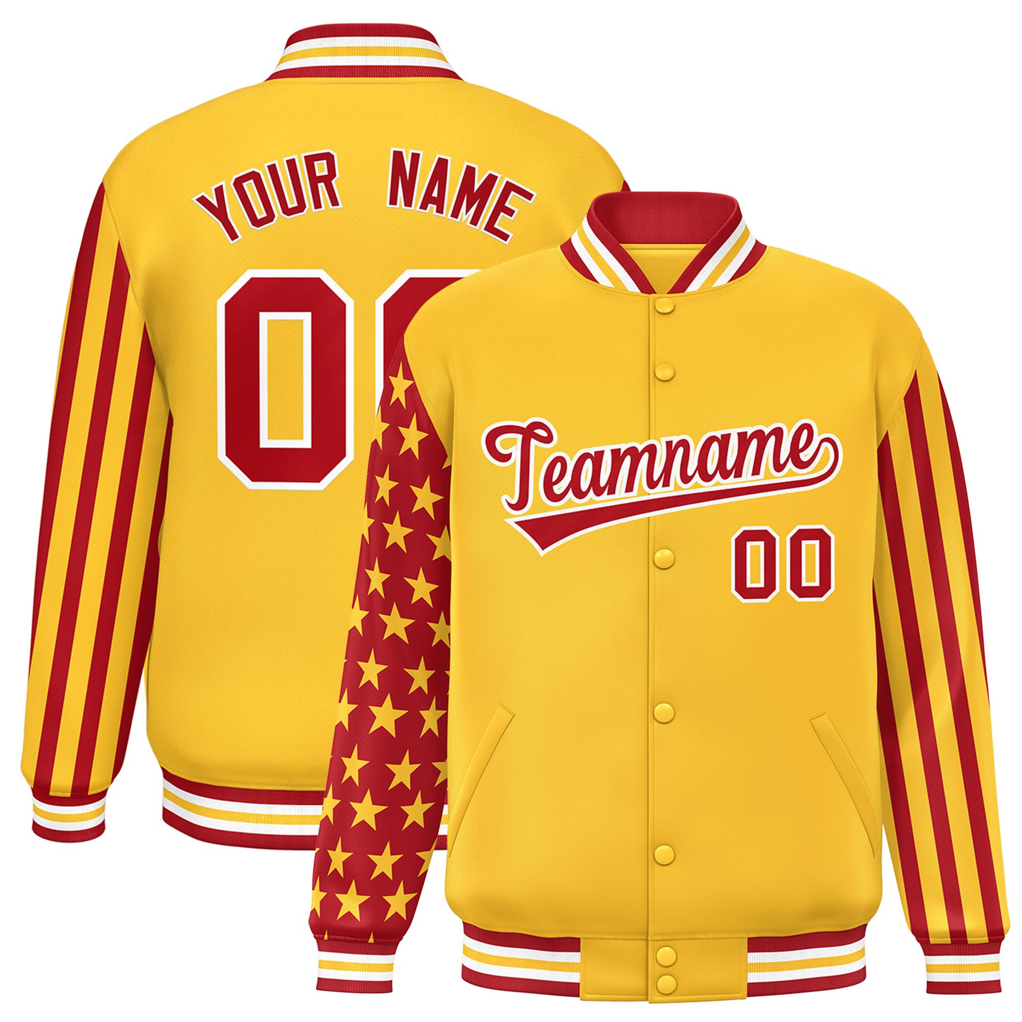 Custom Gold American Flag Varsity Full-Snap Authentic Raglan Sleeves Letterman Bomber Jacket