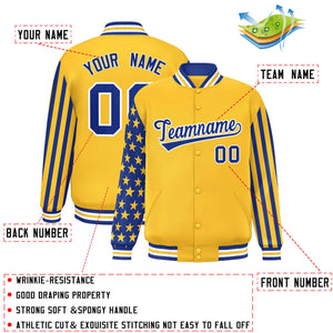 Custom Gold American Flag Varsity Full-Snap Authentic Raglan Sleeves Letterman Bomber Jacket