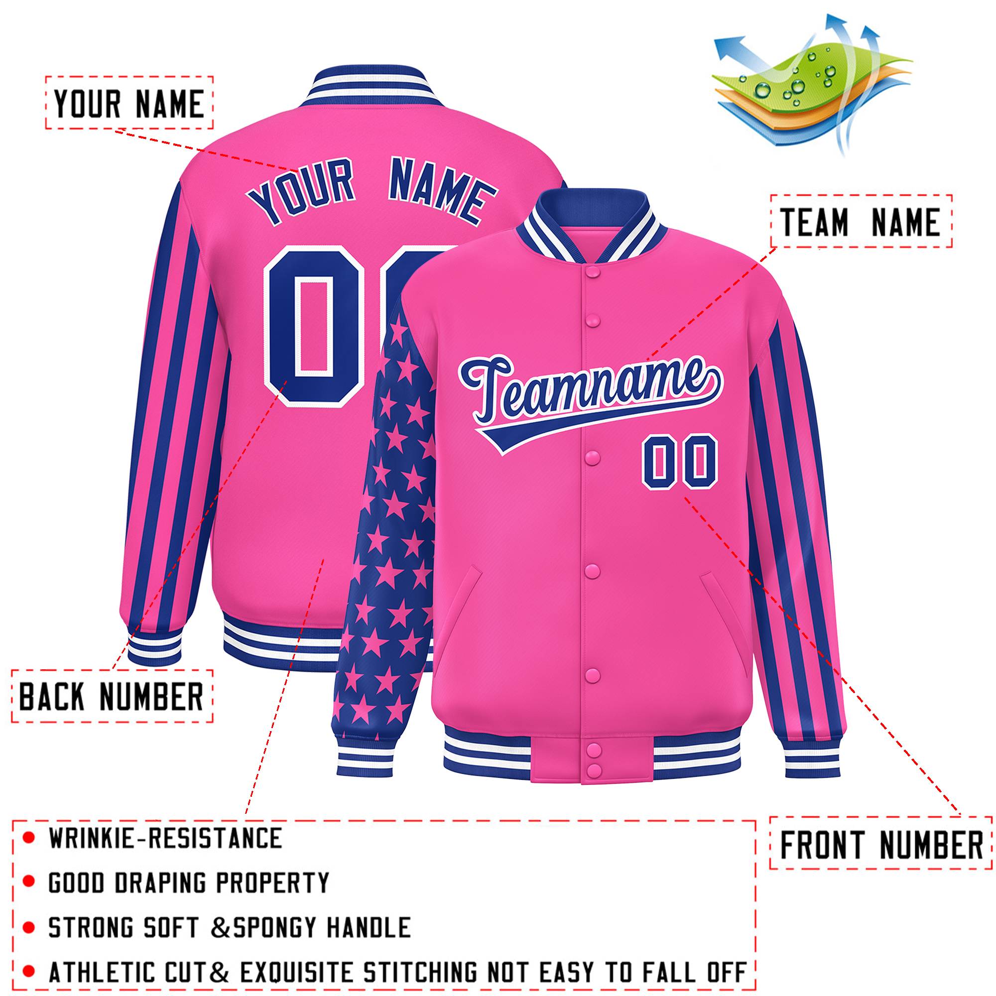 Custom Pink American Flag Varsity Full-Snap Authentic Raglan Sleeves Letterman Bomber Jacket