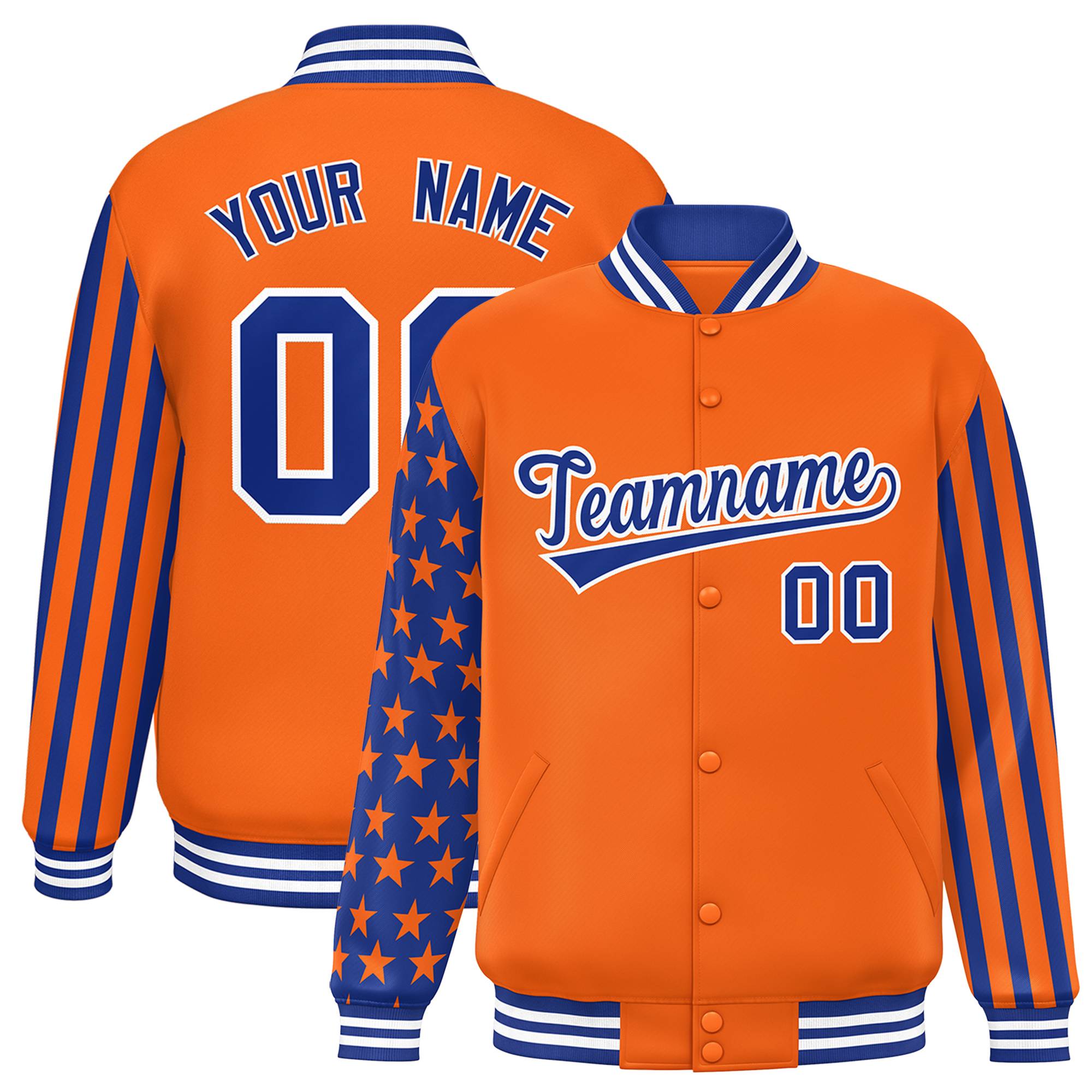 Custom Orange American Flag Varsity Full-Snap Authentic Raglan Sleeves Letterman Bomber Jacket