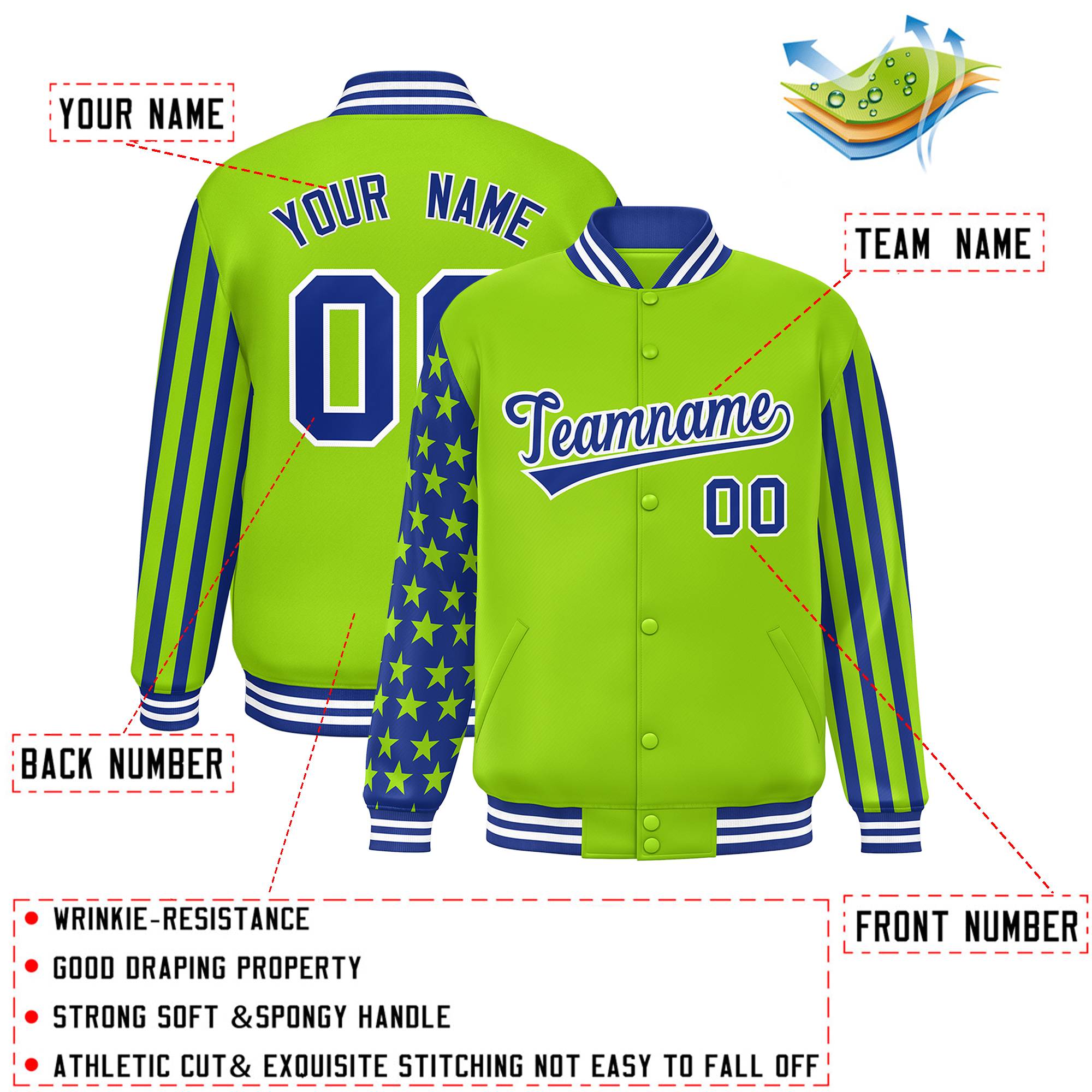 Custom Neon Green American Flag Varsity Full-Snap Authentic Raglan Sleeves Letterman Bomber Jacket