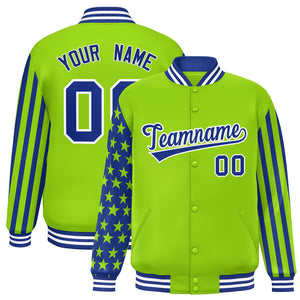 Custom Neon Green American Flag Varsity Full-Snap Authentic Raglan Sleeves Letterman Bomber Jacket