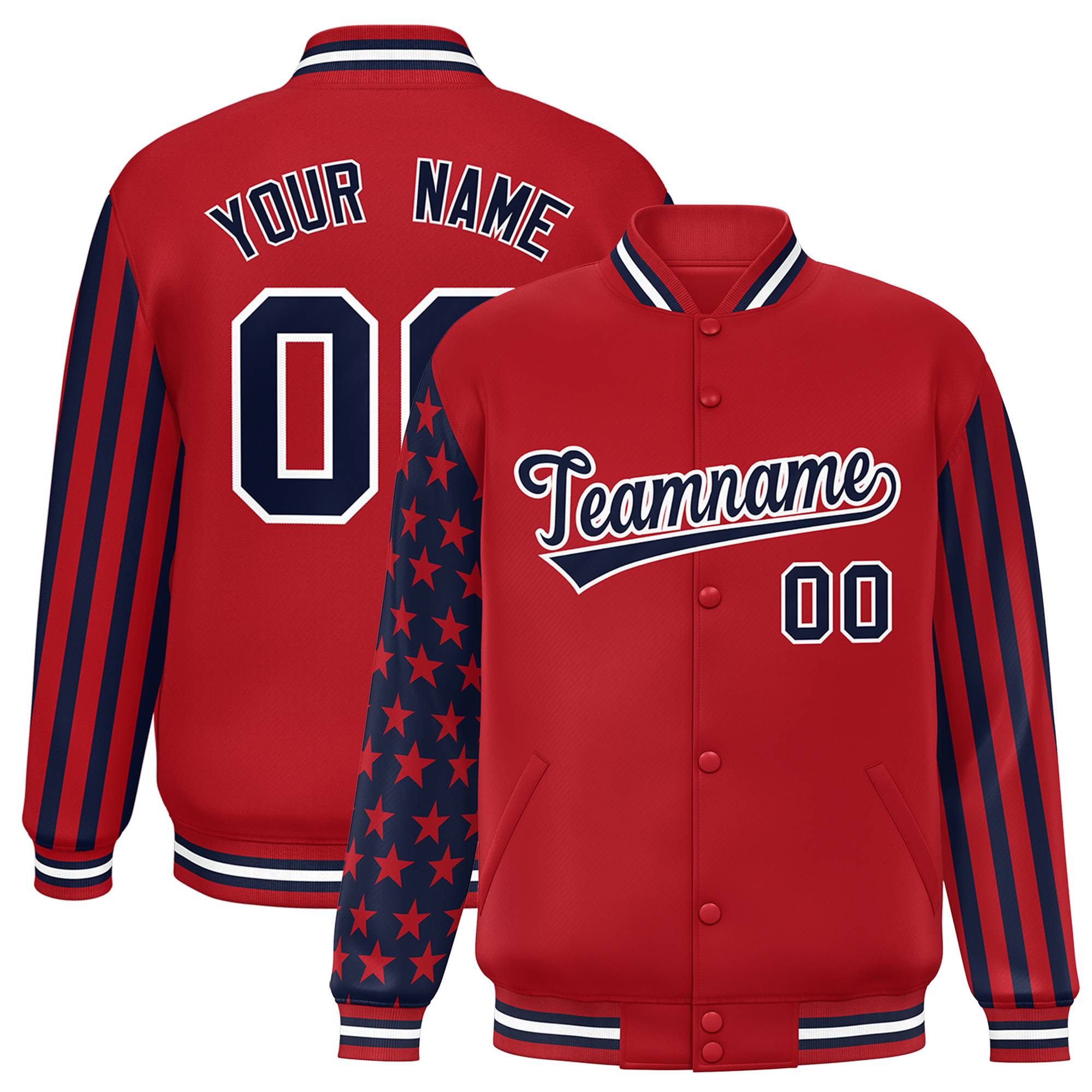 Custom Red American Flag Varsity Full-Snap Authentic Raglan Sleeves Letterman Bomber Jacket