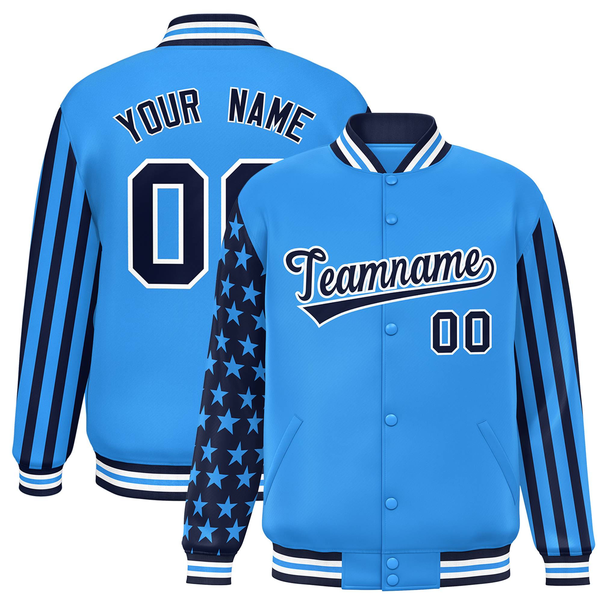 Custom Powder Blue American Flag Varsity Full-Snap Authentic Raglan Sleeves Letterman Bomber Jacket