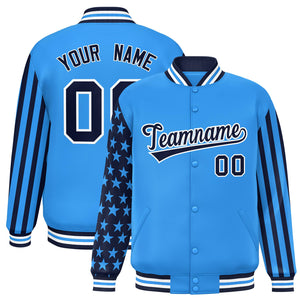 Custom Powder Blue American Flag Varsity Full-Snap Authentic Raglan Sleeves Letterman Bomber Jacket