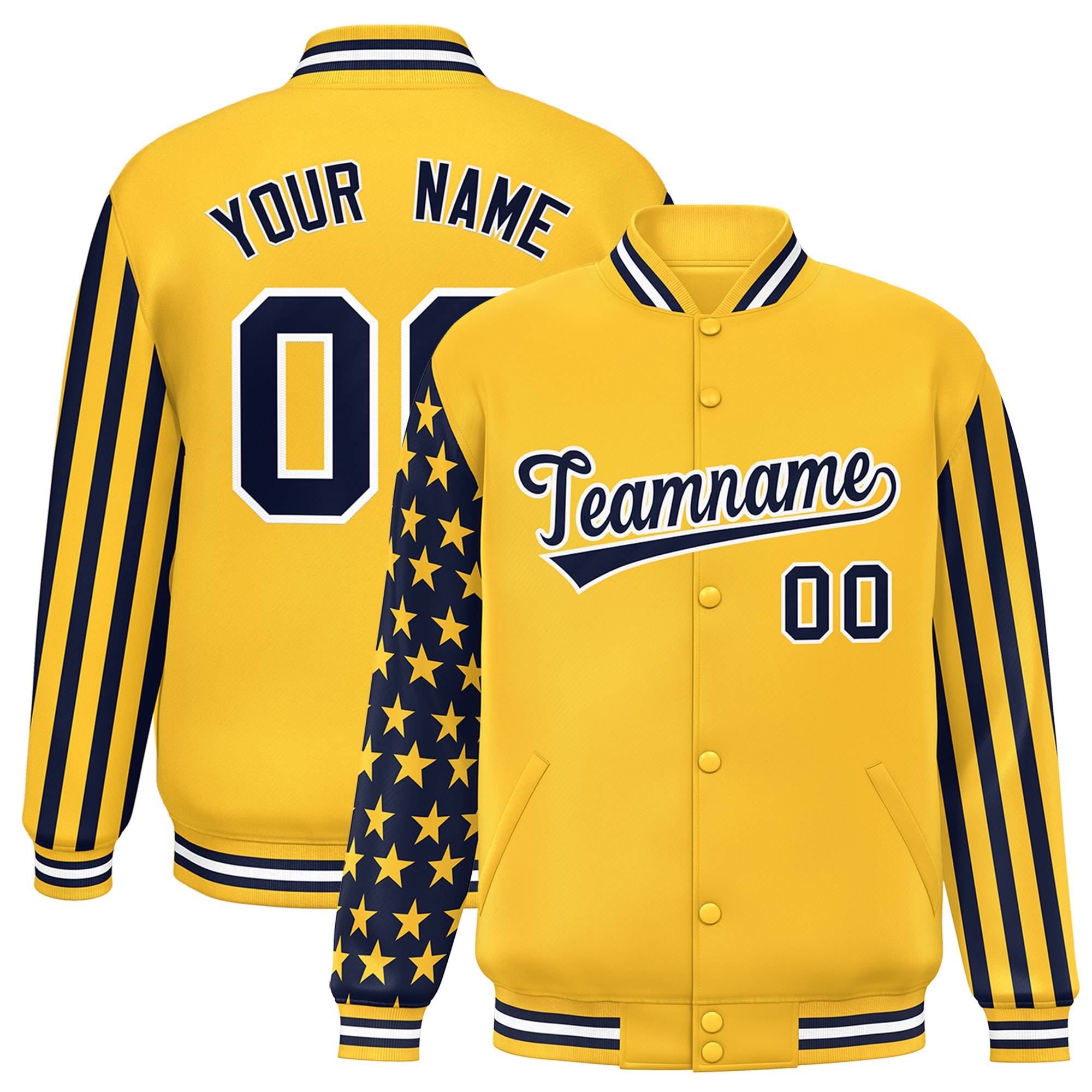 Custom Gold American Flag Varsity Full-Snap Authentic Raglan Sleeves Letterman Bomber Jacket