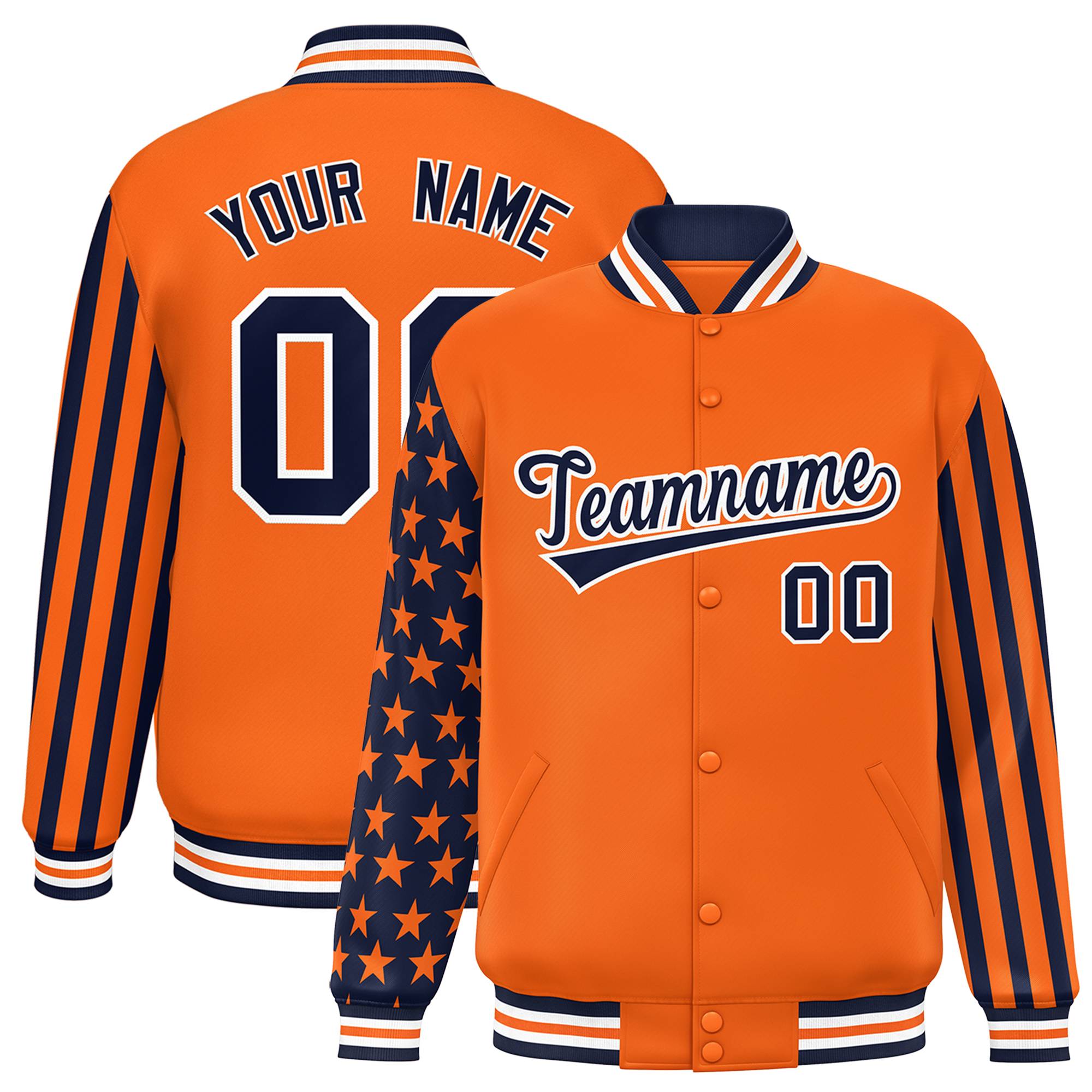 Custom Orange American Flag Varsity Full-Snap Authentic Raglan Sleeves Letterman Bomber Jacket