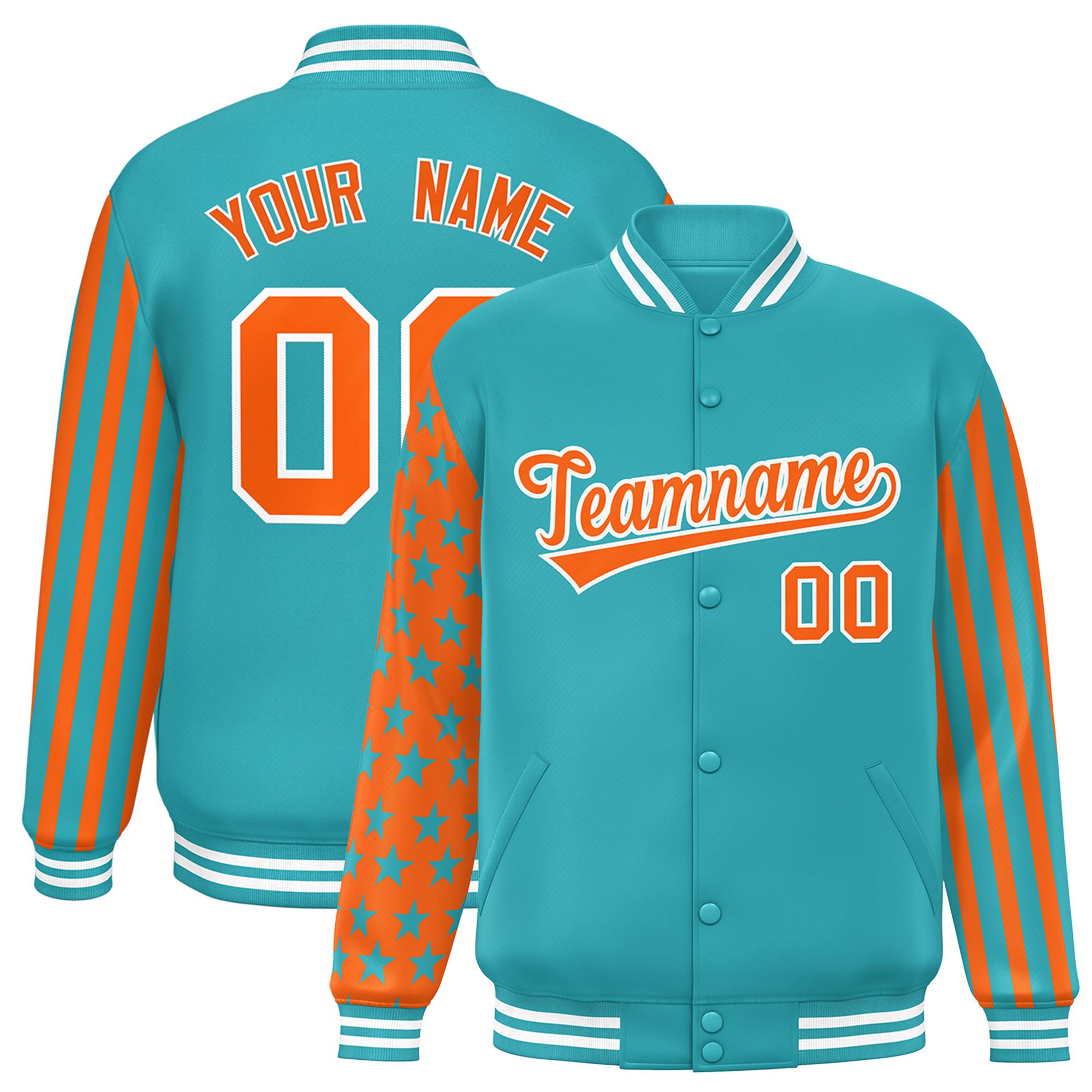 Custom Aqua American Flag Varsity Full-Snap Authentic Raglan Sleeves Letterman Bomber Jacket