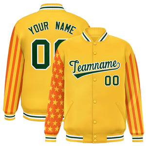 Custom Gold American Flag Varsity Full-Snap Authentic Raglan Sleeves Letterman Bomber Jacket