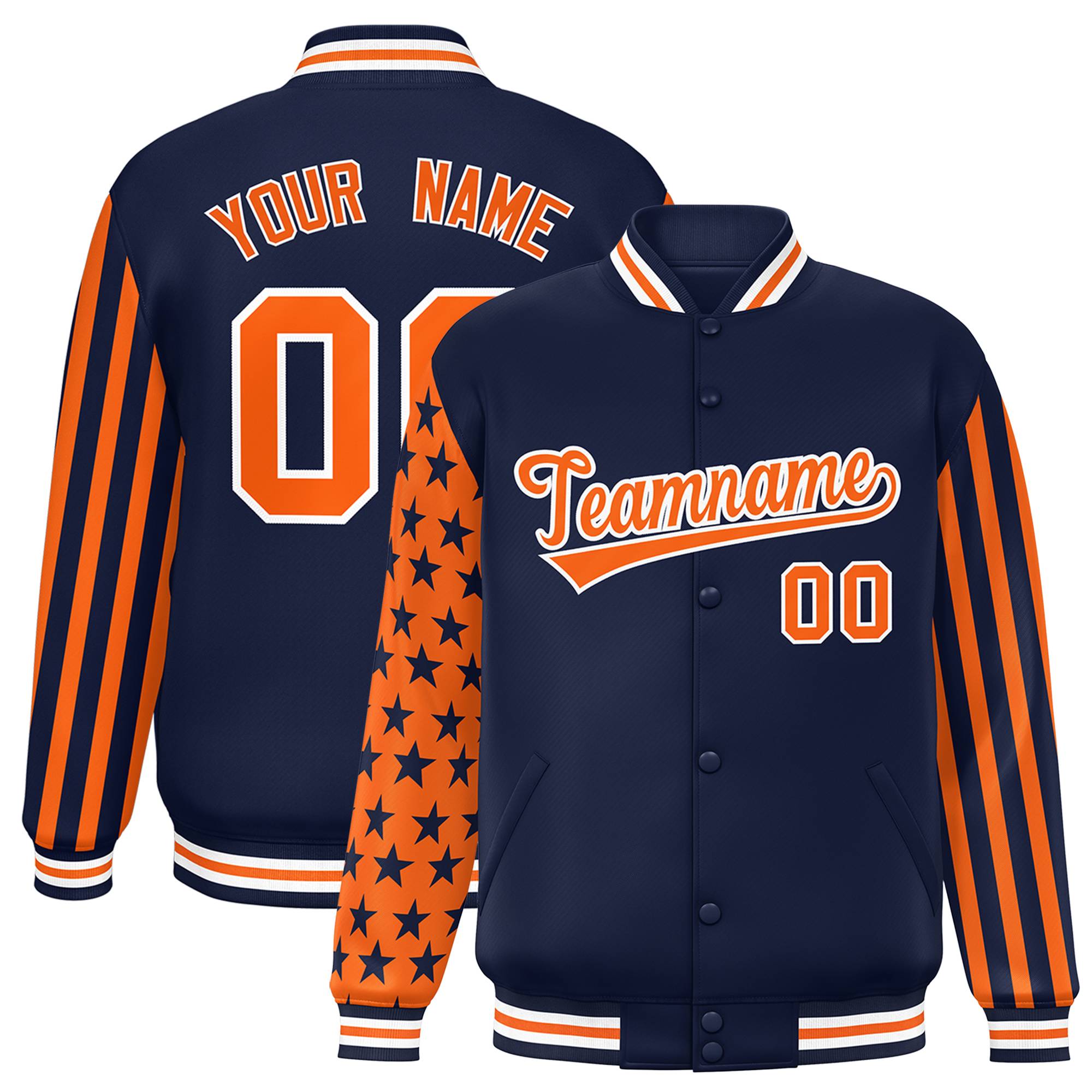 Custom Navy American Flag Varsity Full-Snap Authentic Raglan Sleeves Letterman Bomber Jacket