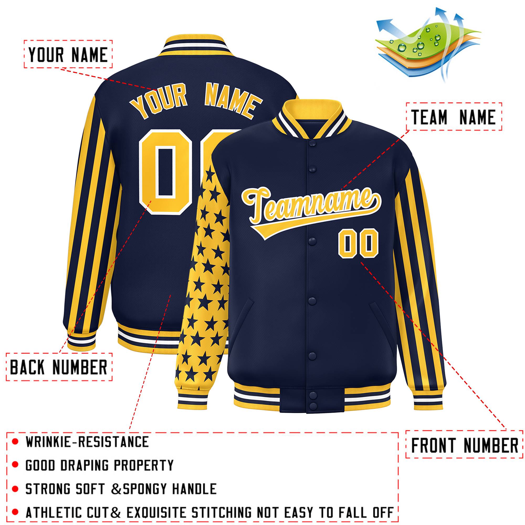 Custom Navy American Flag Varsity Full-Snap Authentic Raglan Sleeves Letterman Bomber Jacket