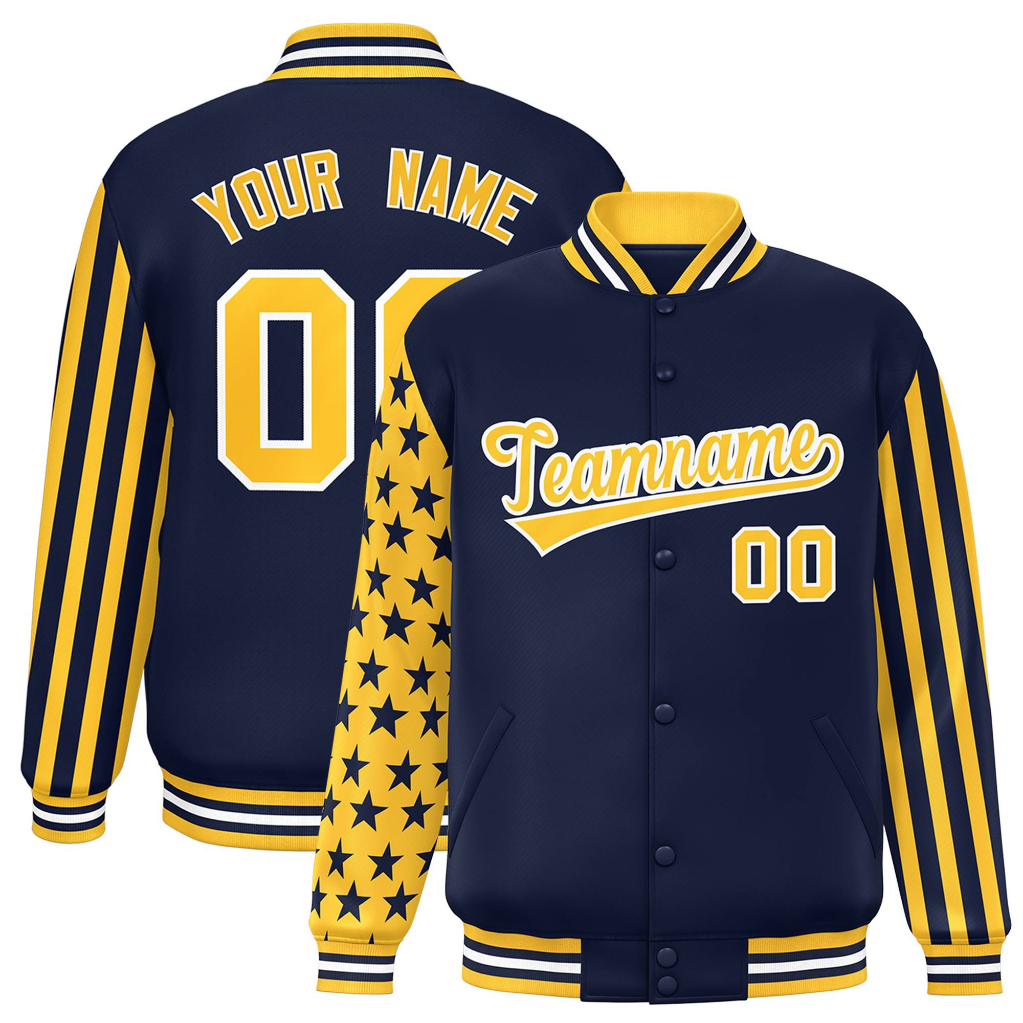 Custom Navy American Flag Varsity Full-Snap Authentic Raglan Sleeves Letterman Bomber Jacket