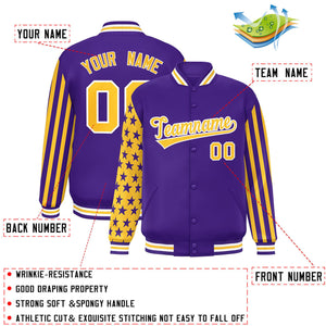 Custom Purple American Flag Varsity Full-Snap Authentic Raglan Sleeves Letterman Bomber Jacket