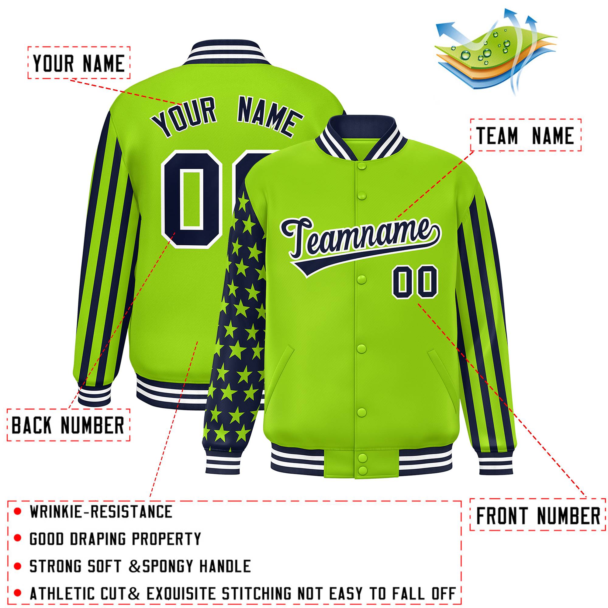 Custom Neon Green American Flag Varsity Full-Snap Authentic Raglan Sleeves Letterman Bomber Jacket