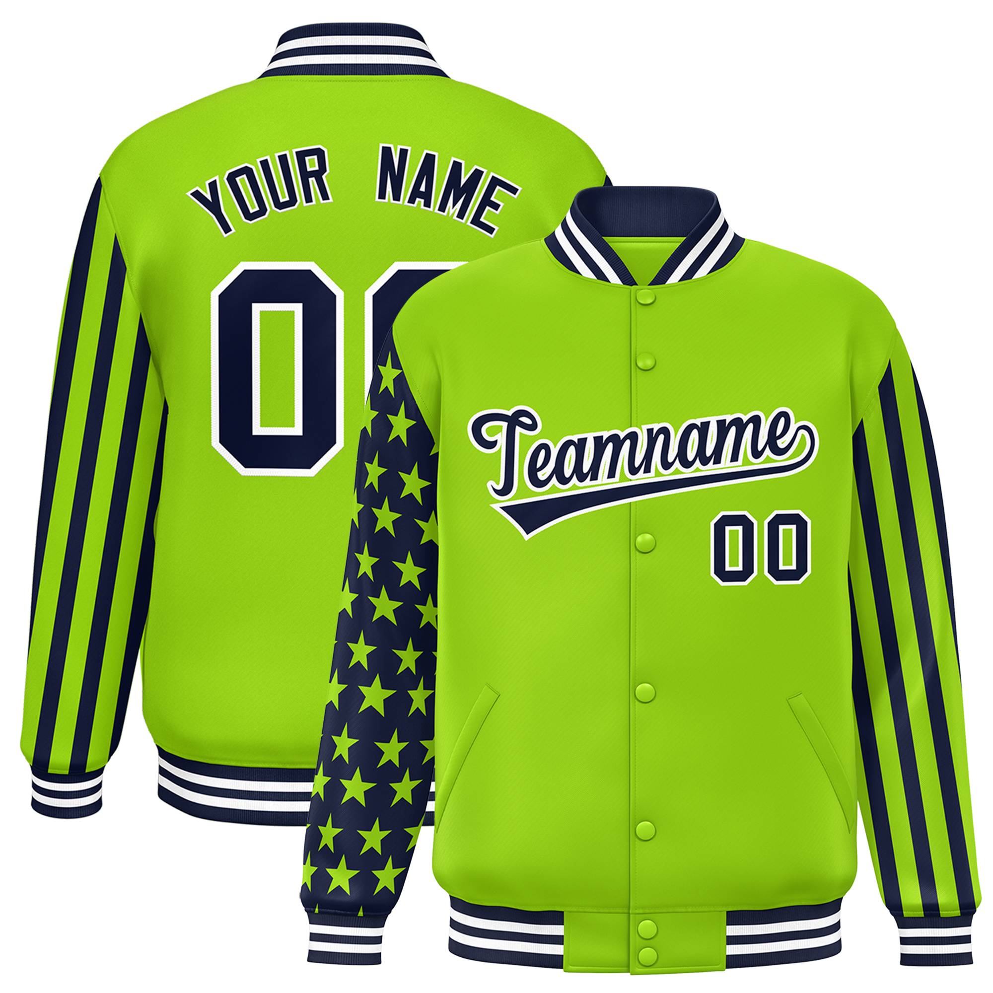 Custom Neon Green American Flag Varsity Full-Snap Authentic Raglan Sleeves Letterman Bomber Jacket