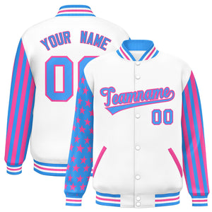 Custom White Powder Blue American Flag Varsity Full-Snap Authentic Raglan Sleeves Letterman Bomber Jacket