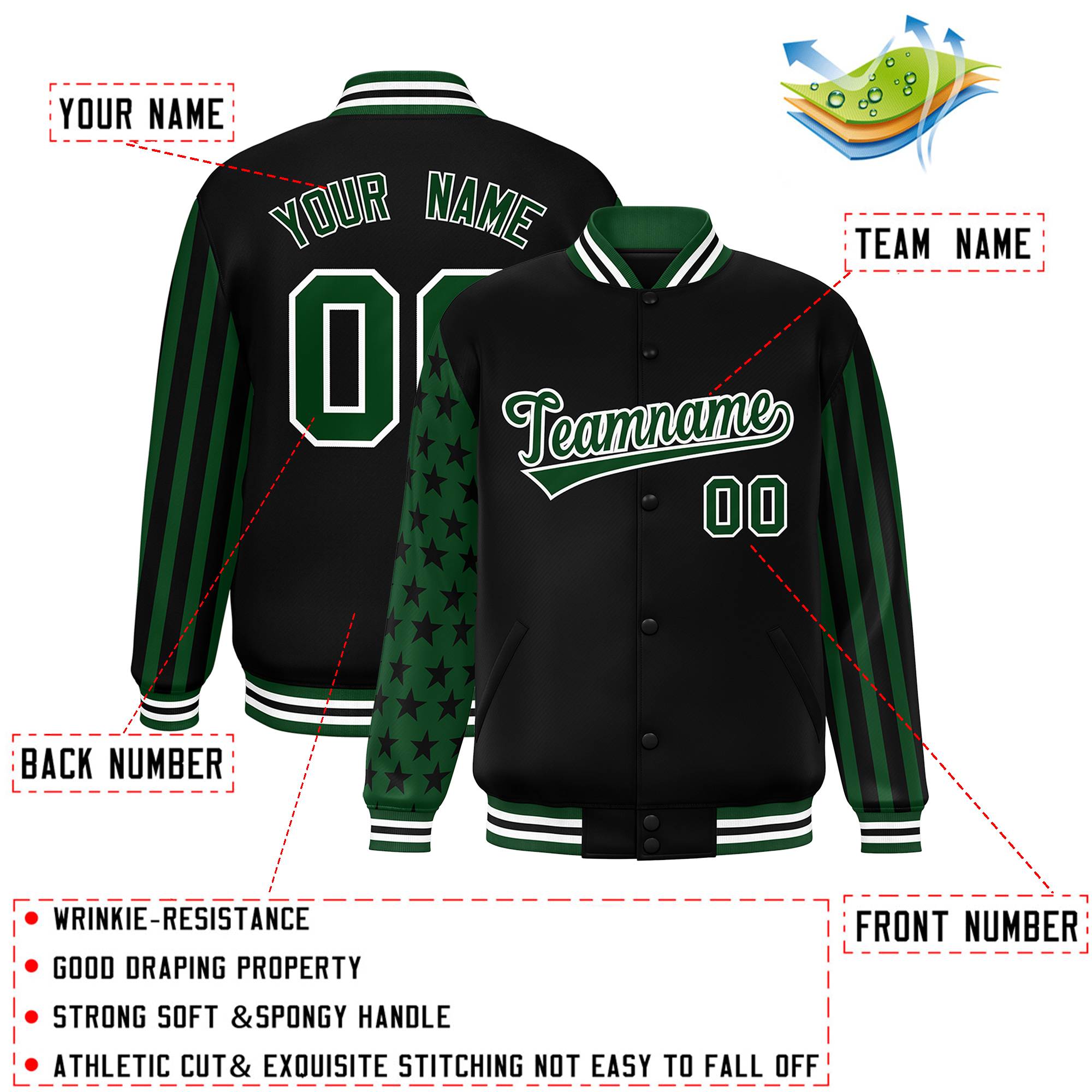 Custom Black Green American Flag Varsity Full-Snap Authentic Raglan Sleeves Letterman Bomber Jacket