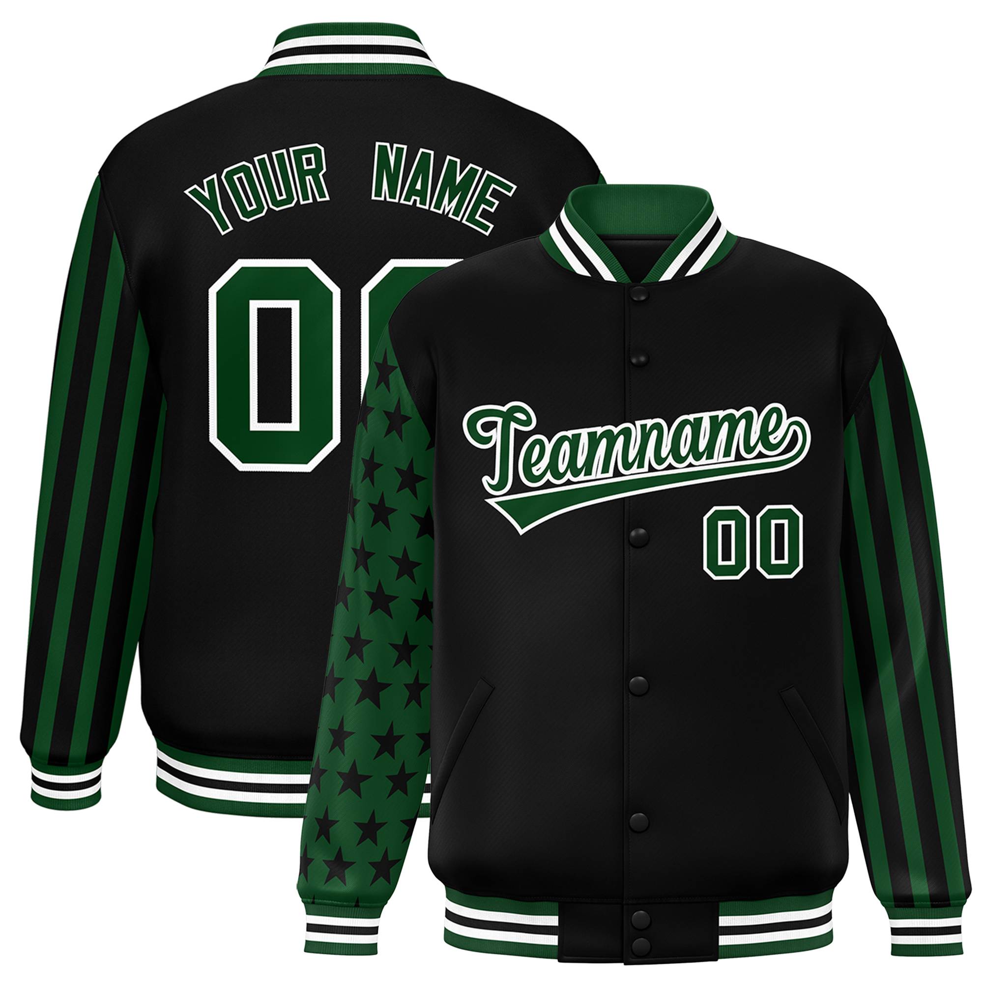 Custom Black Green American Flag Varsity Full-Snap Authentic Raglan Sleeves Letterman Bomber Jacket