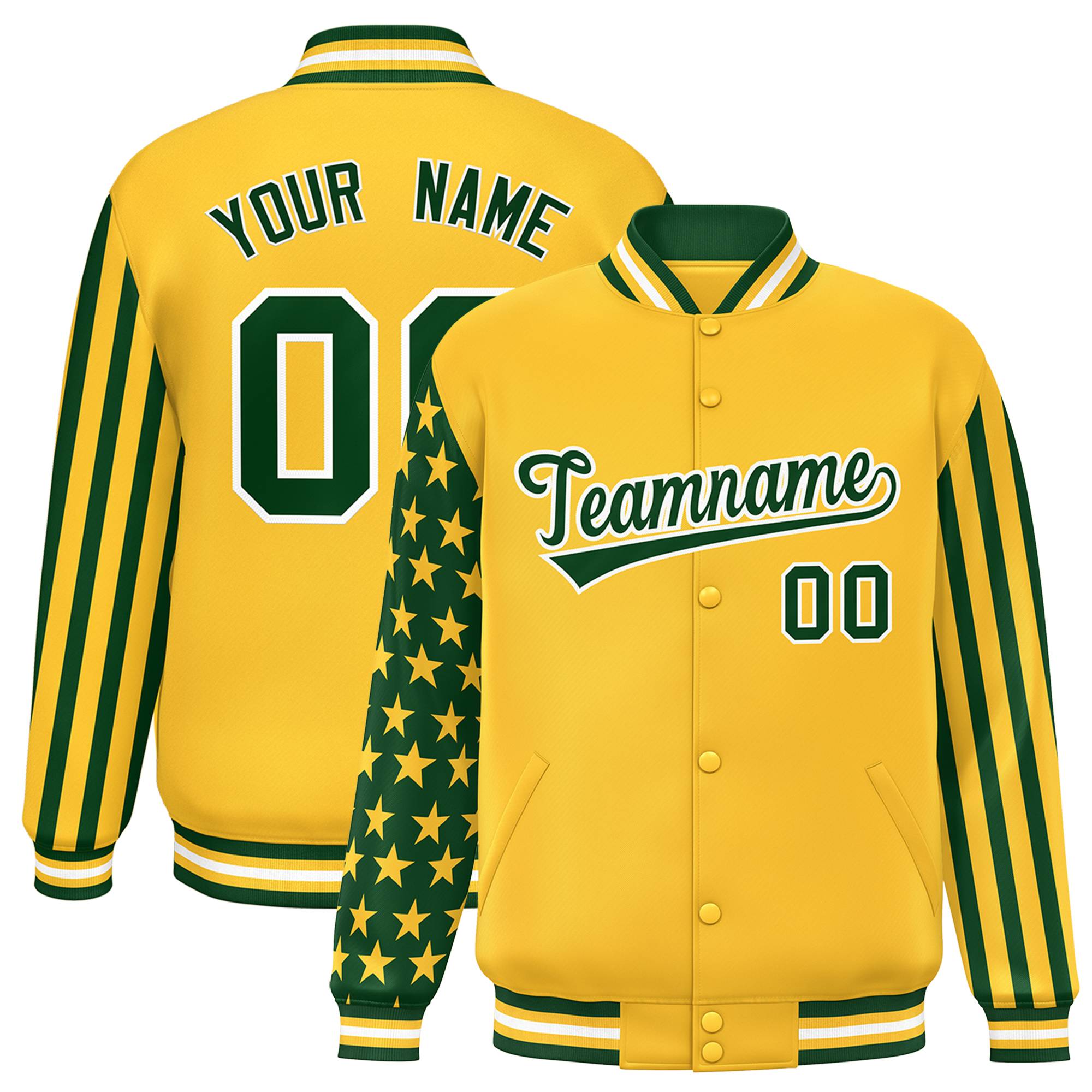 Custom Gold Green American Flag Varsity Full-Snap Authentic Raglan Sleeves Letterman Bomber Jacket