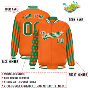 Custom Orange Kelly Green American Flag Varsity Full-Snap Authentic Raglan Sleeves Letterman Bomber Jacket