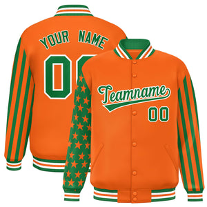 Custom Orange Kelly Green American Flag Varsity Full-Snap Authentic Raglan Sleeves Letterman Bomber Jacket