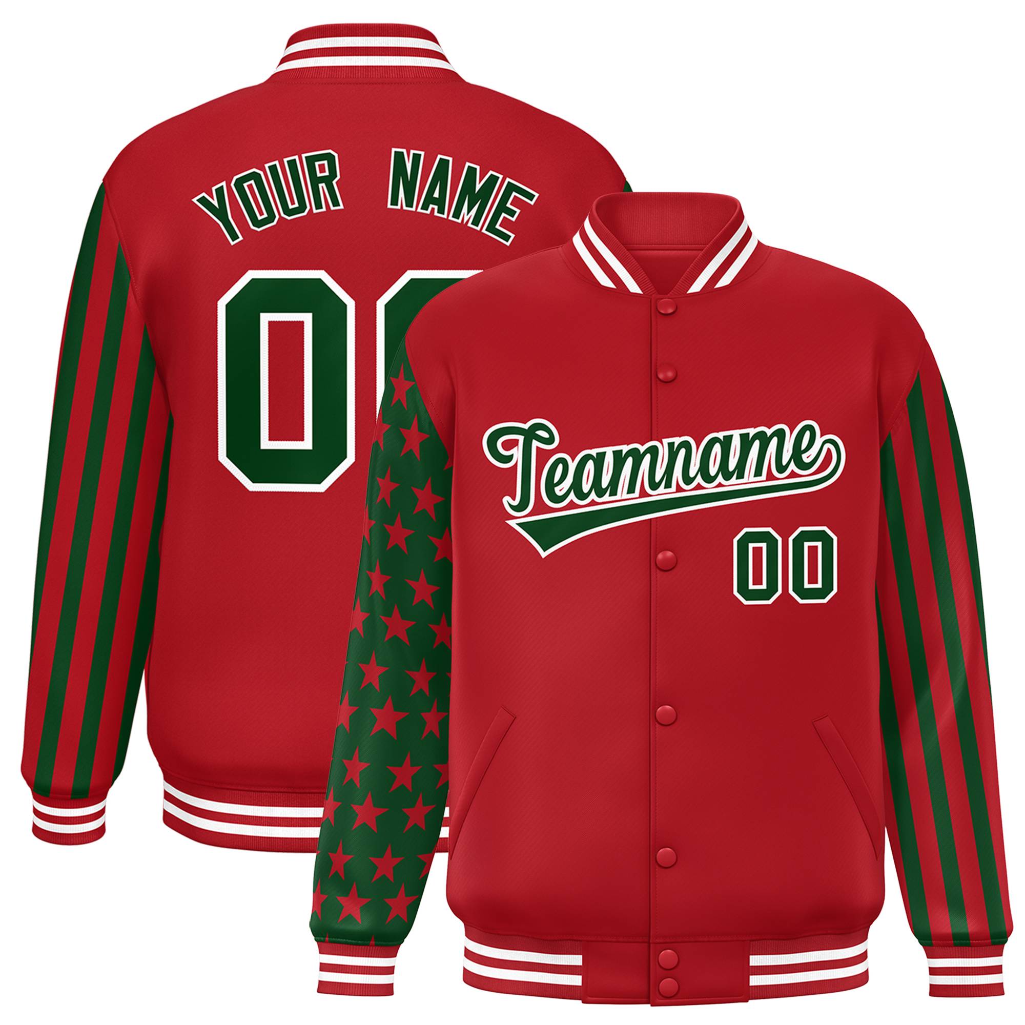 Custom Red Green American Flag Varsity Full-Snap Authentic Raglan Sleeves Letterman Bomber Jacket