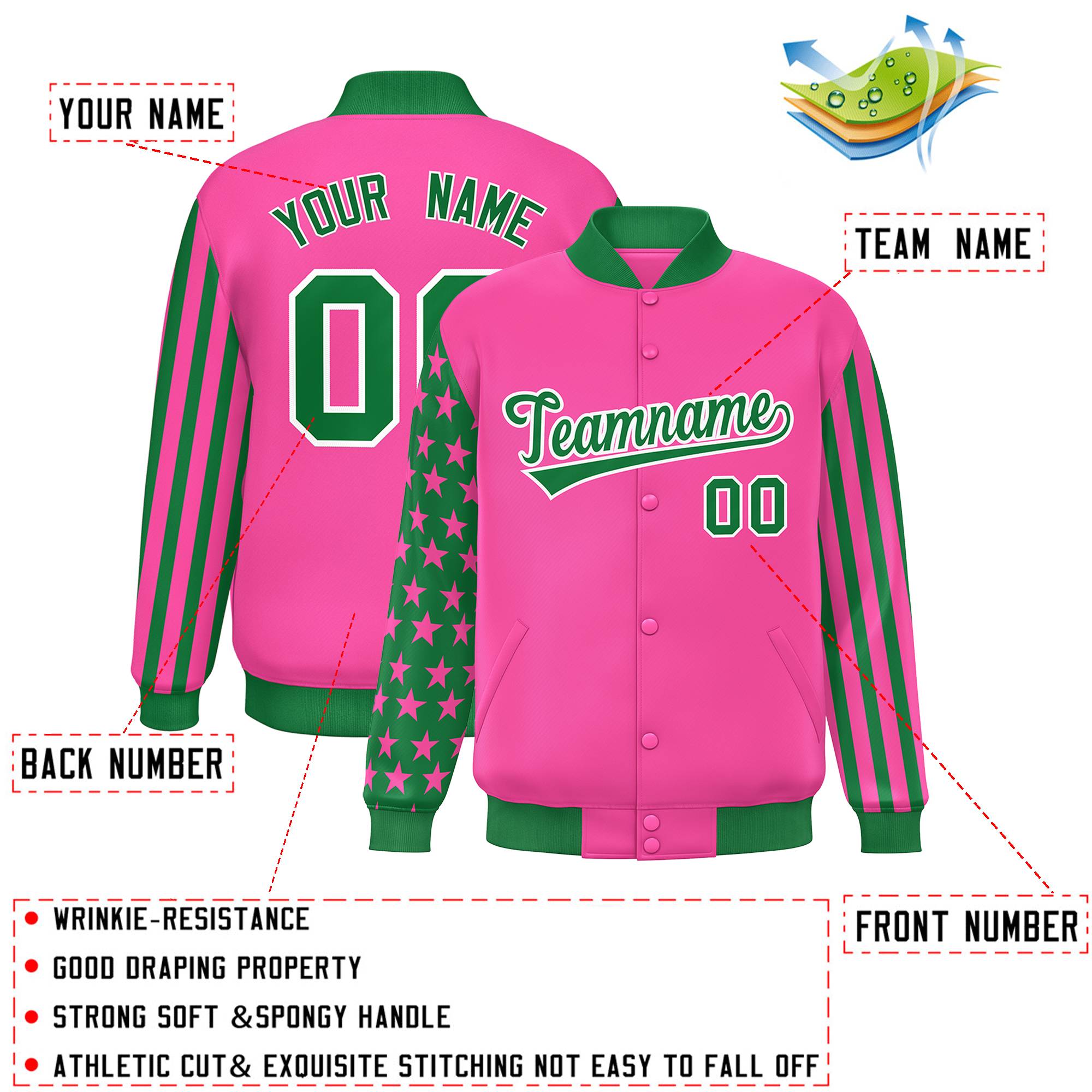 Custom Pink Kelly Green American Flag Varsity Full-Snap Authentic Raglan Sleeves Letterman Bomber Jacket