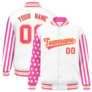 Custom White Pink American Flag Varsity Full-Snap Authentic Raglan Sleeves Letterman Bomber Jacket