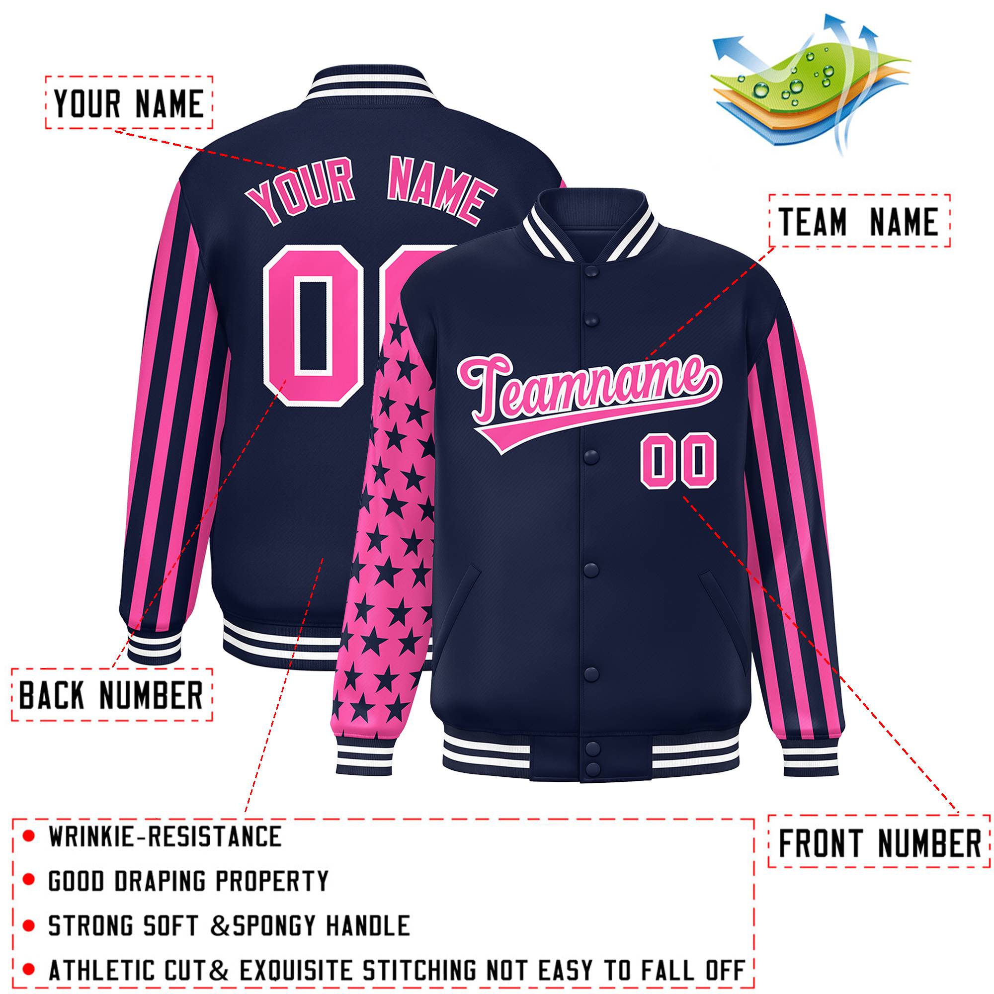 Custom Navy Pink American Flag Varsity Full-Snap Authentic Raglan Sleeves Letterman Bomber Jacket