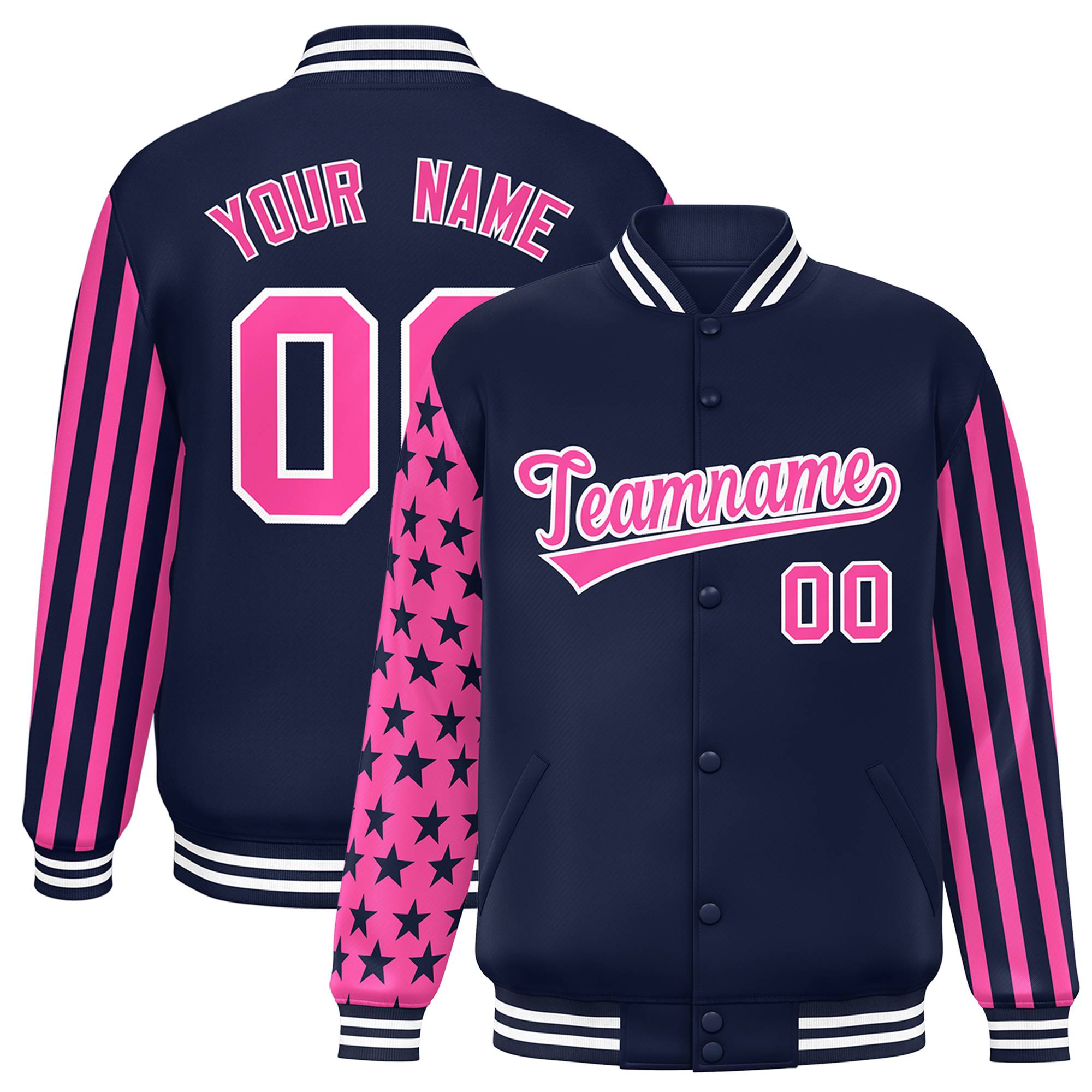 Custom Navy Pink American Flag Varsity Full-Snap Authentic Raglan Sleeves Letterman Bomber Jacket