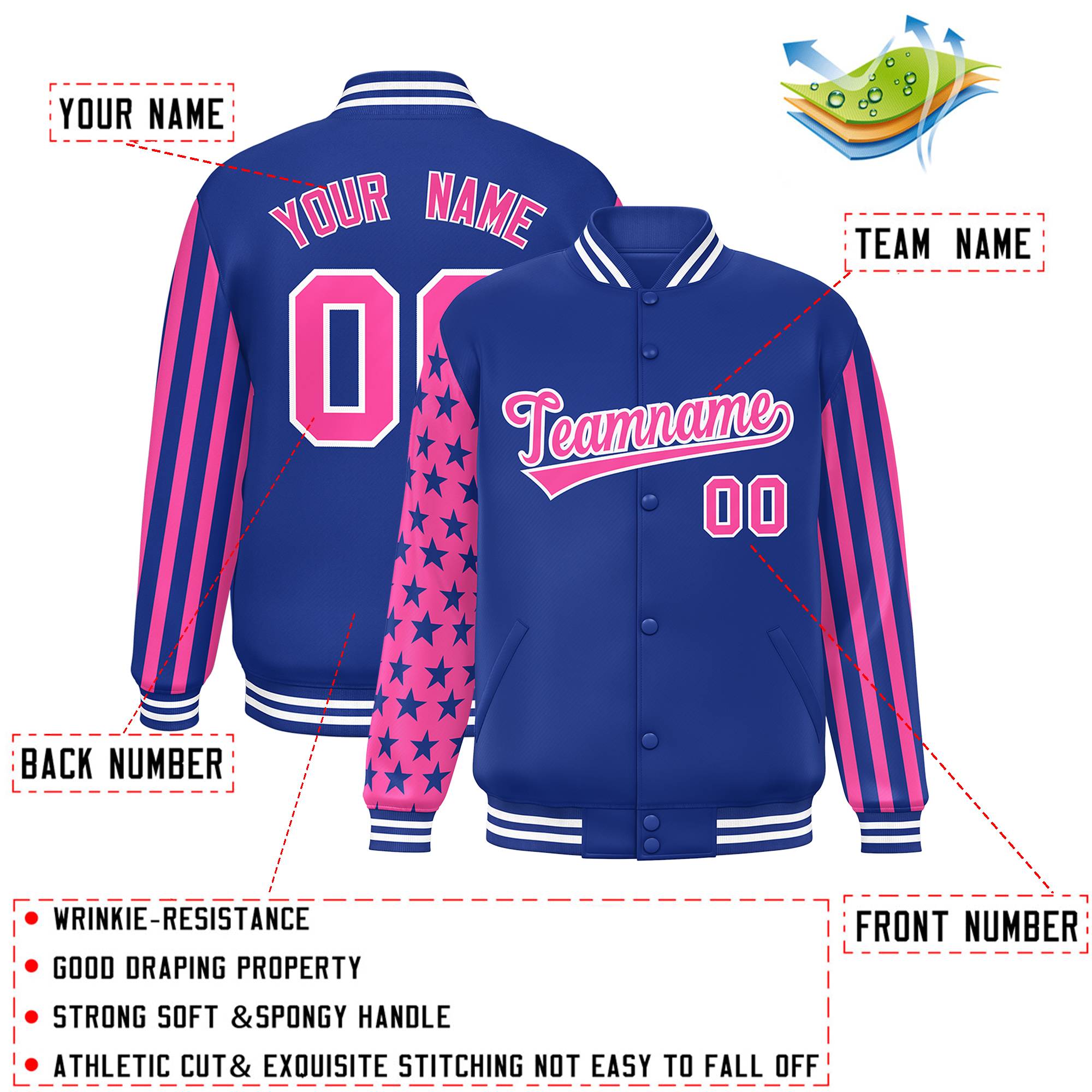 Custom Royal Pink American Flag Varsity Full-Snap Authentic Raglan Sleeves Letterman Bomber Jacket