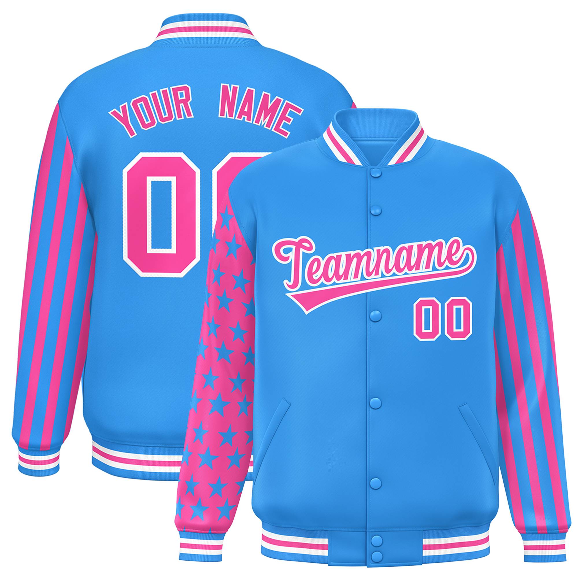 Custom Powder Blue Pink American Flag Varsity Full-Snap Authentic Raglan Sleeves Letterman Bomber Jacket