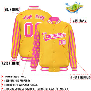 Custom Gold Pink American Flag Varsity Full-Snap Authentic Raglan Sleeves Letterman Bomber Jacket