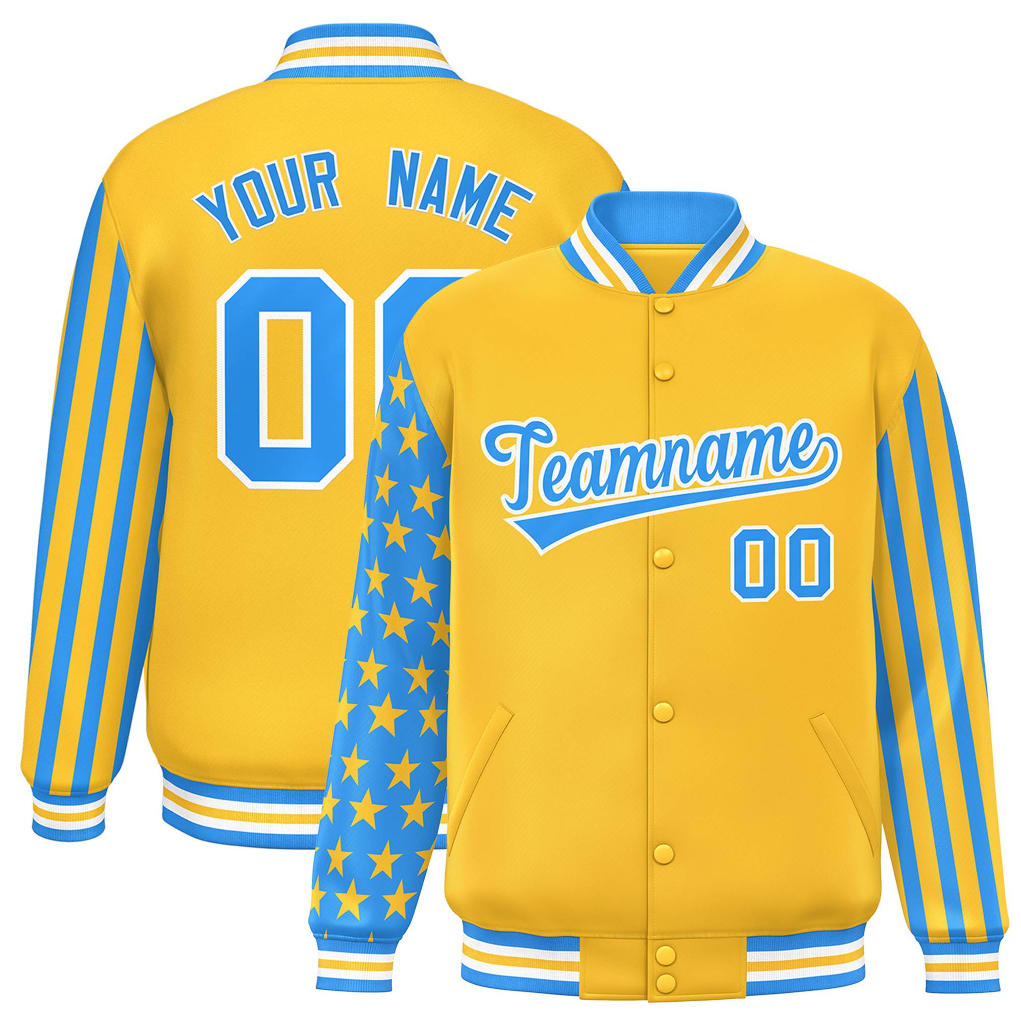 Custom Gold Powder Blue American Flag Varsity Full-Snap Authentic Raglan Sleeves Letterman Bomber Jacket